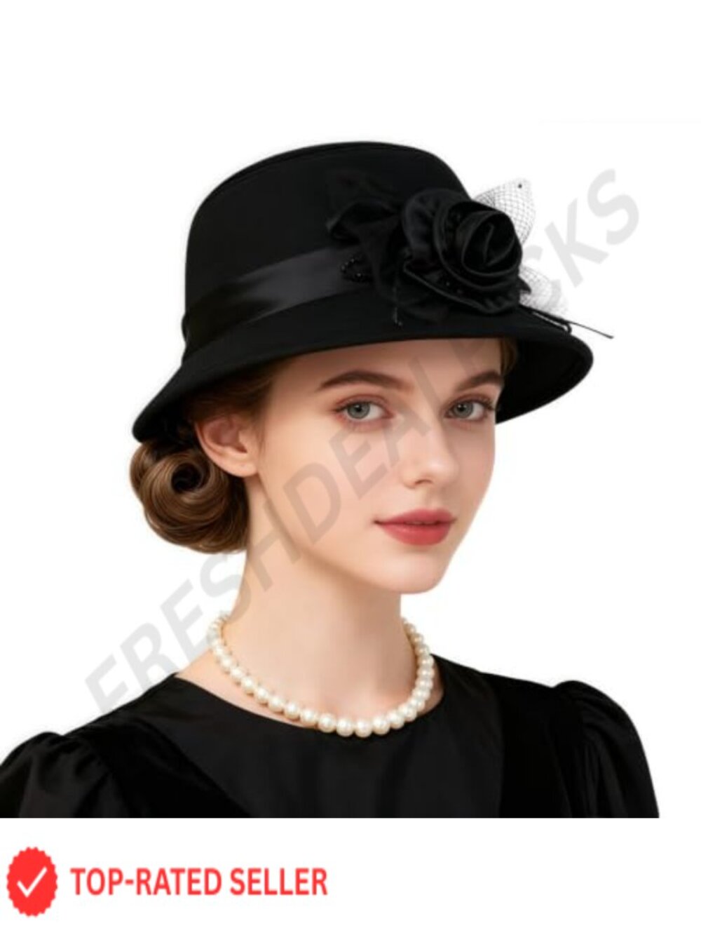 1920s Vintage Wide Brim Church Hat Floral Decor Adjustable Women's